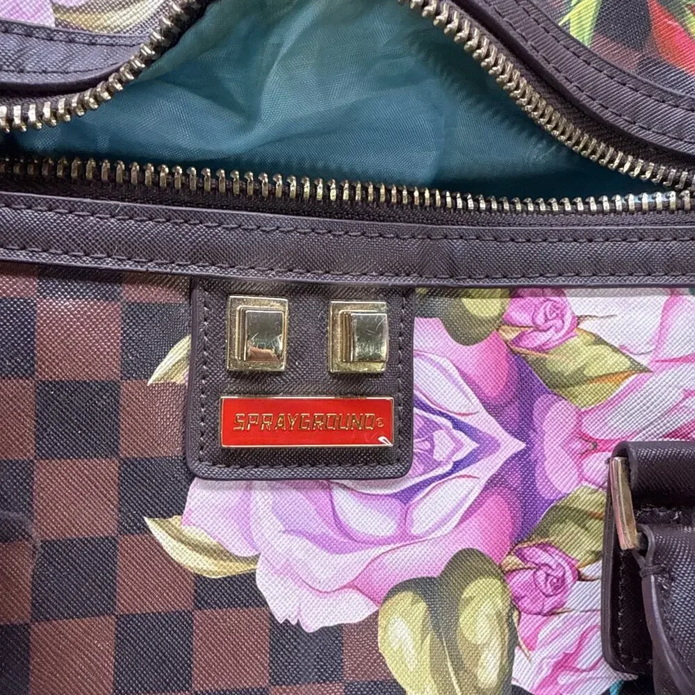 Sprayground Floral Checkered Satchel Gold Hardware Adjustable Strap Blue Lining